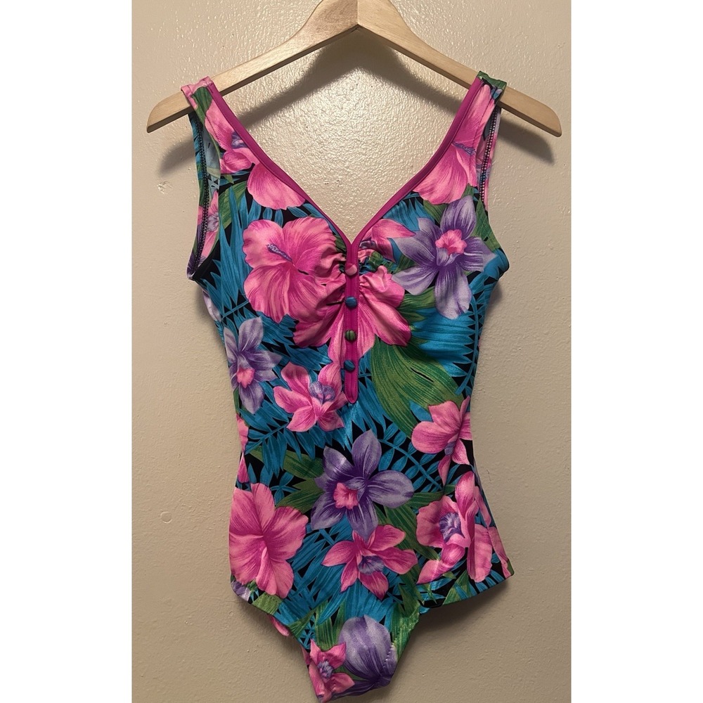 Vintage 80s Maxine of Hollywood Floral Print Blue Pink Button Women's Sz 12 USA